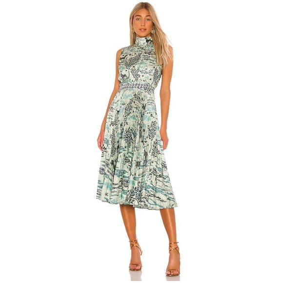 SALONI Fleur E Green Floral Printed Satin Open-Back Midi Dress - Size 2 - Picture 11 of 11